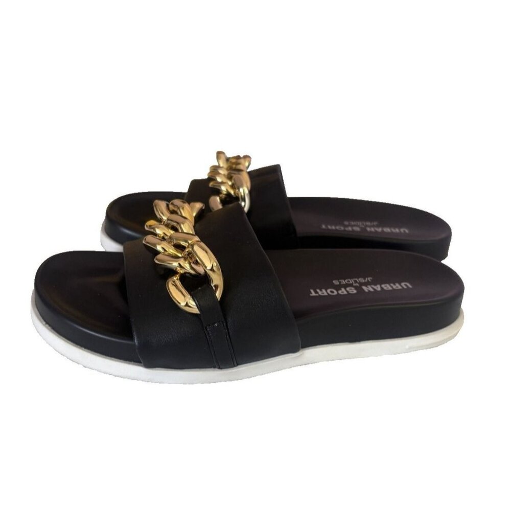 Black Slides With Gold Chain Accent By Urban Sport size 6 - Picture 5 of 8